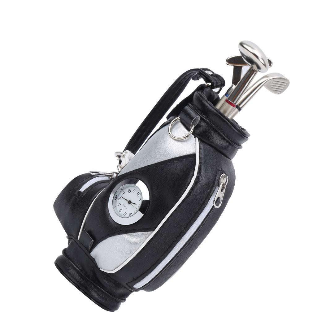 Mini Desktop  Golf Bag Pen Clock  Zinc Alloy PU Leather with Golf Pens Souvenir Set GiftBlack