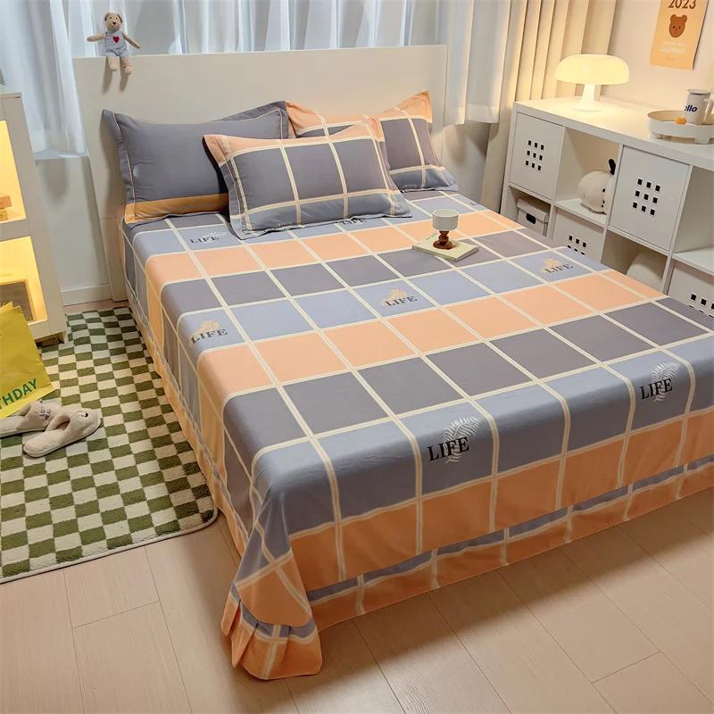 3Pcs Simple Geometric Plaid Bed Sheet Set 100% Cotton Skin-friendly Queen Size Bedding Set Thickened Flat Sheet with Pillowcases