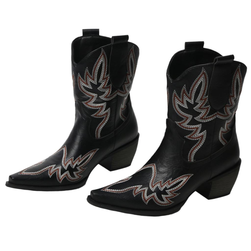 FOREADA Women Ankle Cowboy Boots Pointed Toe Chunky High Heels Embroidery Wester Short Boots Ladies Fashion Shoes Winter Red