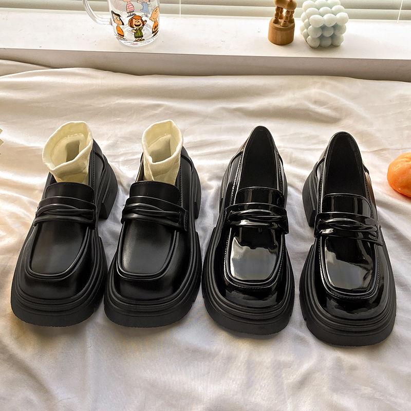 Platform muffin loafers women's spring and autumn 2025 new women's shoes one pedal black single shoes British style small leather shoes