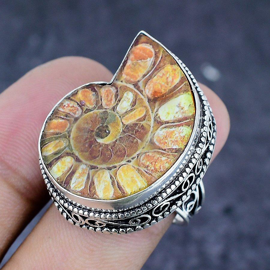 Natural Ammonite Fossil Gemstone 925 Sterling Silver Jewelry Ring Size 8 z0w77