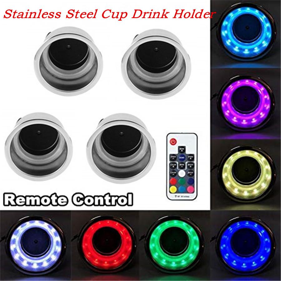 4X Rgb Led Colorful Light Stainless Cup Holder W/Remote Car Camper Boat Yacht