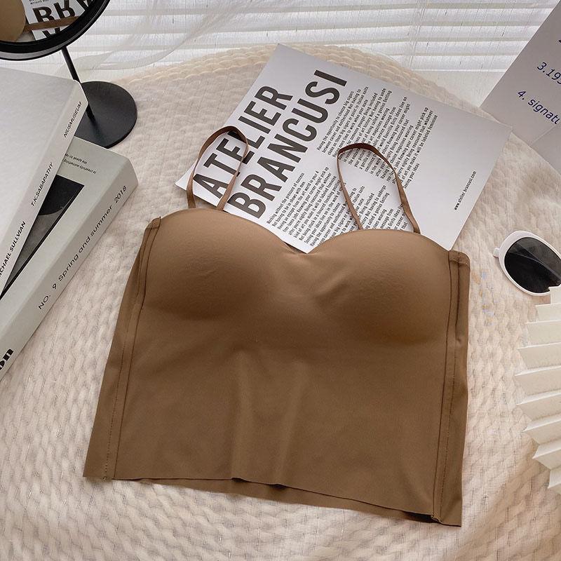 Ice silk beauty back underwear fixed integrated cup with chest pad with small suspender adjustable shoulder strap girl tube top tube top type