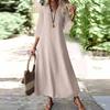 Women's Fashion V-Neck Seven Sleeve Pocket Solid Color Zipper Casual Vacation Long Cotton Linen Dresses