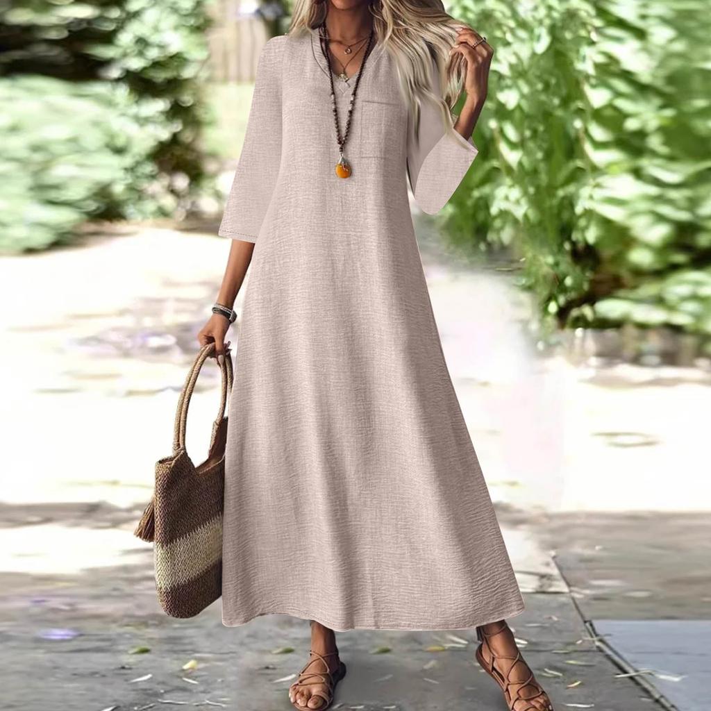 Women's Fashion V-Neck Seven Sleeve Pocket Solid Color Zipper Casual Vacation Long Cotton Linen Dresses