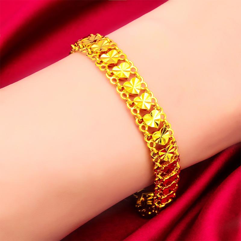 Women's Gold Rose Flower Heart Bracelet, Simple Carved Design.