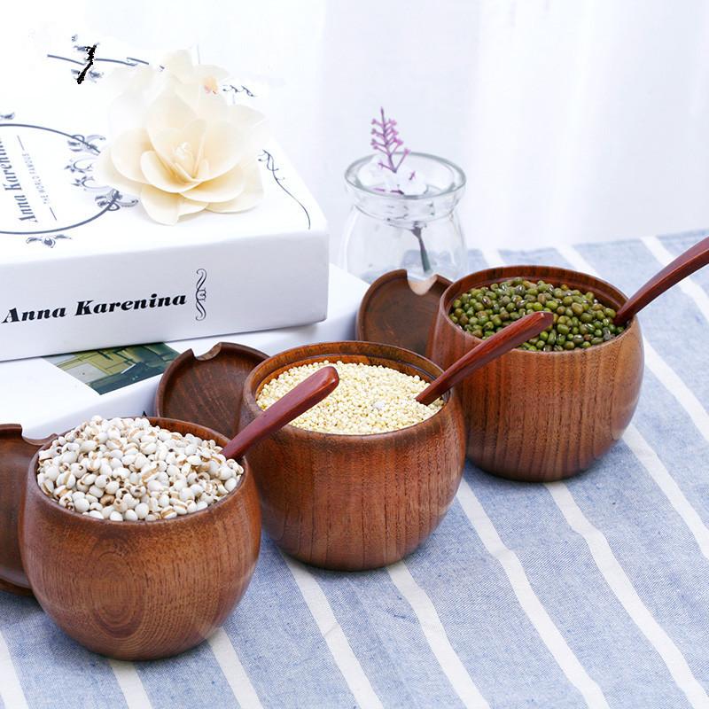 Wooden Salt Cellar Sugar Bowl Pepper Box Salt Seasoning Container Storage Box with Lid and Spoon Wooden Spice Box spice jars