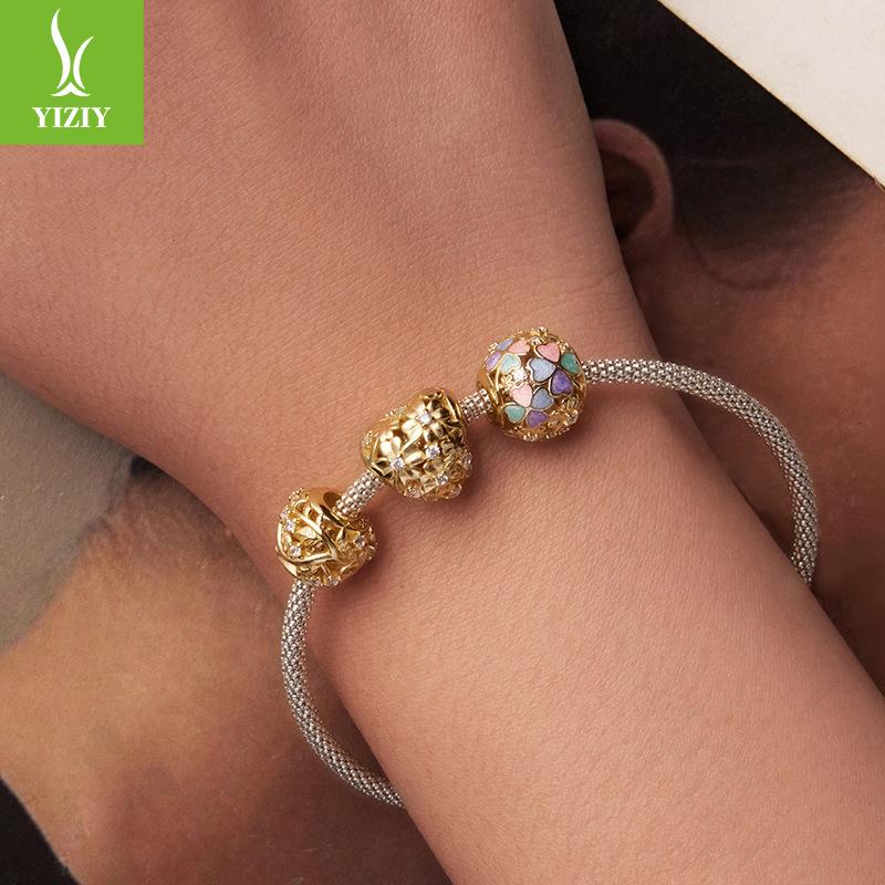 S925 Sterling Silver Plated 14K Gold Leaf Beaded Accessories Romantic Autumn Leaf Inlaid Zircon Beads Loose Beads