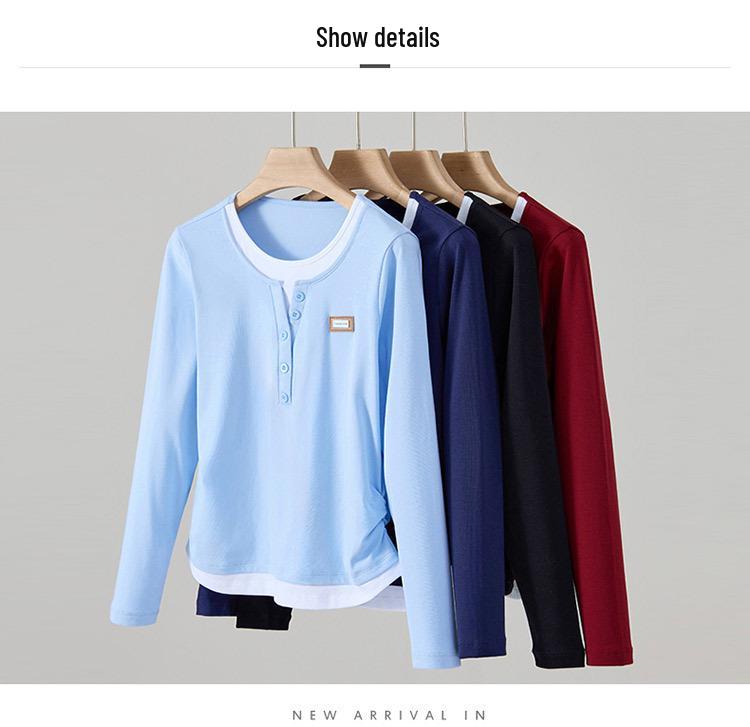 Plus Size Color Block Long Sleeve T-Shirt for Women - 2025 Autumn Design, Waist-Slimming Fake Two-Piece Style