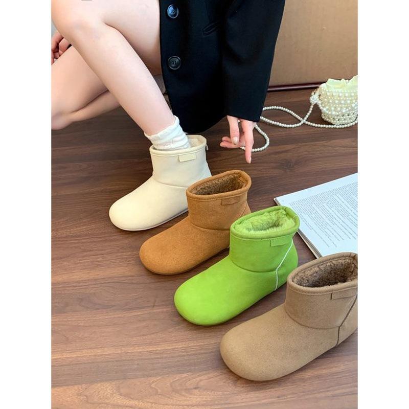 2025 autumn and winter new fashion snow boots thickened warm cotton shoes mustard green cute bread shoes flat short boots