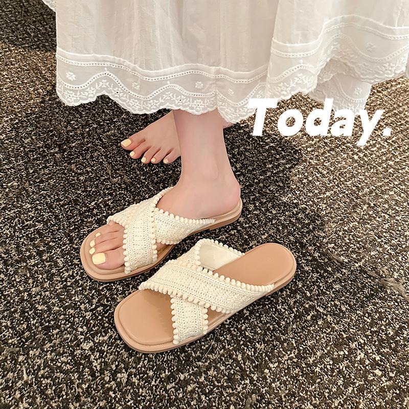 Sandale plate mamă strugure două versiuni~ vânt de vacanță împletite încruciș cu degete deschise papuci cool de purtat vară pentru femei
