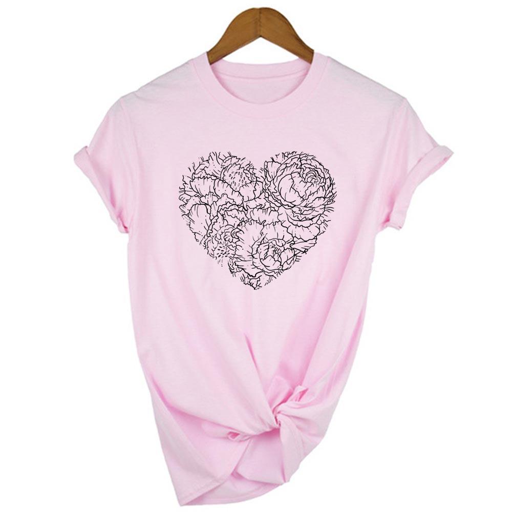 Cool Women T Shirt Heart Flowers Love Casual Shirts Yellow Blue Floral Heart Camisas Mujer Female