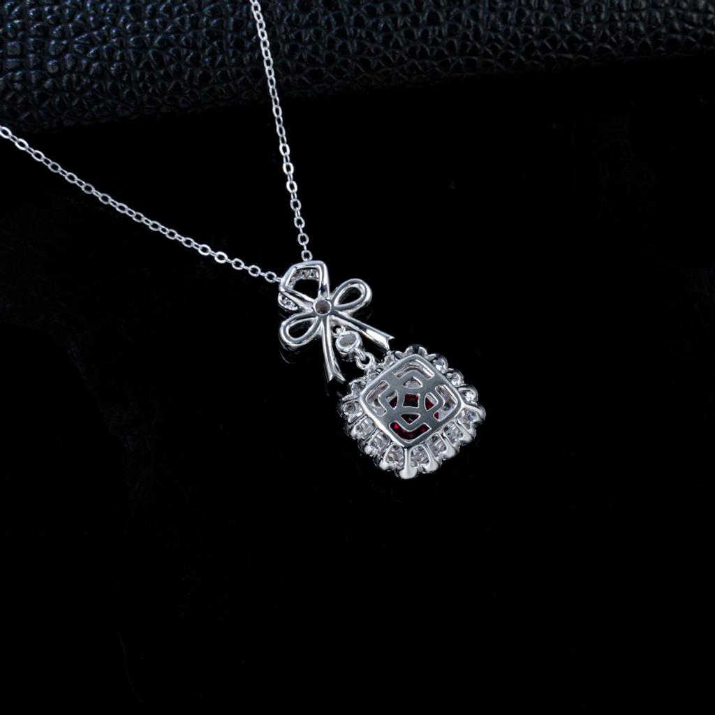 Zhou Hengfu Ruby Bowknot Pendant In S925 Sterling Silver White Gold Plated Light Luxury Necklace