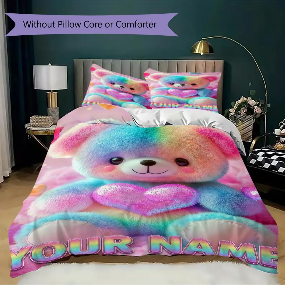 Custom Name Rainbow Heart Bear Love Bedding,Quilt Set Quilt Cover Pillowcase Home Birthday Gift(1 * duvet cover + 2 * pillowcase, without core)_lx