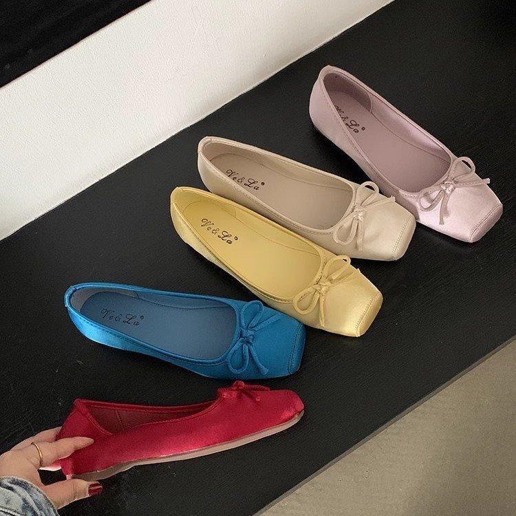 Shoes grandma shoes flat bottom wind square head shallow mouth ballet 2025 sweet beautiful woman one pedal single shoes bow new