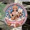 2D Flat, 1pc Round Aluminum Hanging Sign, Goddess Saraswati Veena White Swan Pink Lotus Pastel Floral Metal Wall Decor, Diwali Pooja Entryway, Study