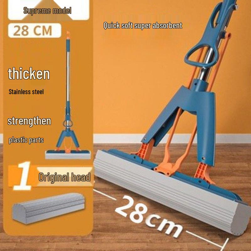 Sponge Mop with Cotton Squeeze Roller - High Absorption, Hands-Free, Large & Durable for Household Floors