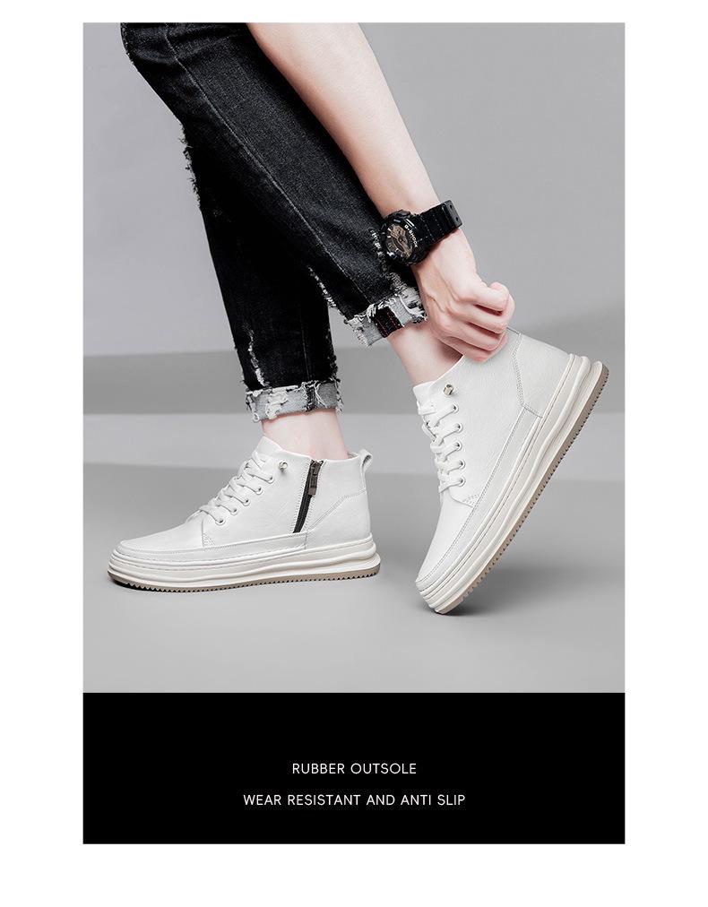 Men's Mid-Top Round Toe Lace-Up Leather Casual Shoes with Height Boost