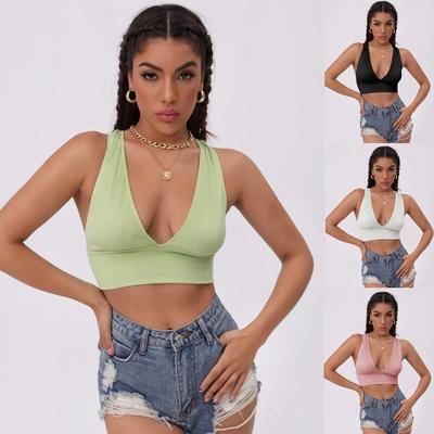Women Summer Casual Sports Running Solid Color V Neck Bare Midriff Vest Crop Top