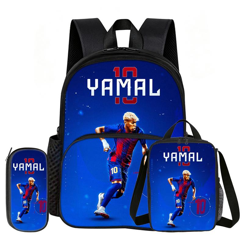 Learn, Travel Football Star School Bag L-Lamin Yamal 3 Pcs Set with Front Pocket Backpack Lunch Bag, Pencil Case, Sport Rucksack