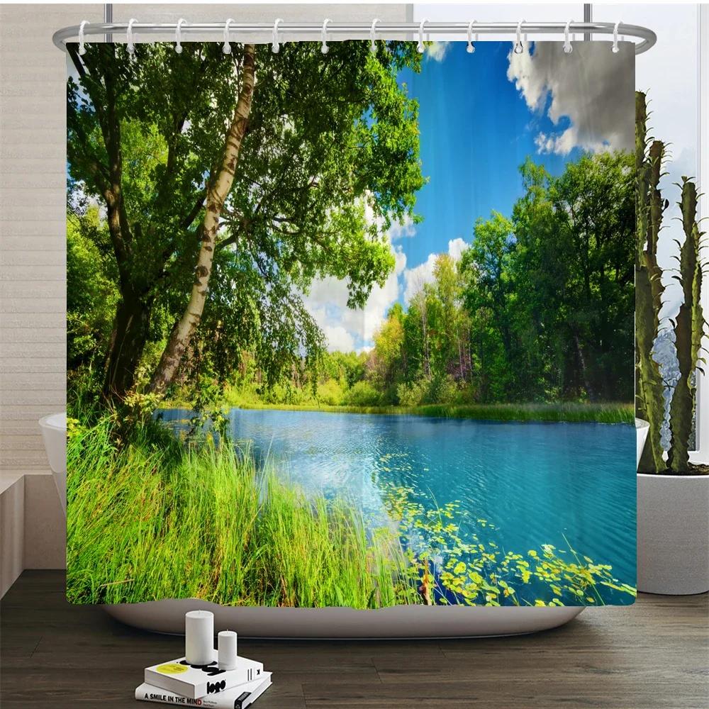 Naturwald Duschvorhang Wasserdicht Badezimmer Sichtschutz Bäume Landschaft Vorhänge Polyester Stoff Heimdekoration Badezimmer Vorhänge