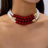 Trendiges rotes mehrschichtiges Kunstperlen-Halsband für Damen Streetwear-Party-Kleidung