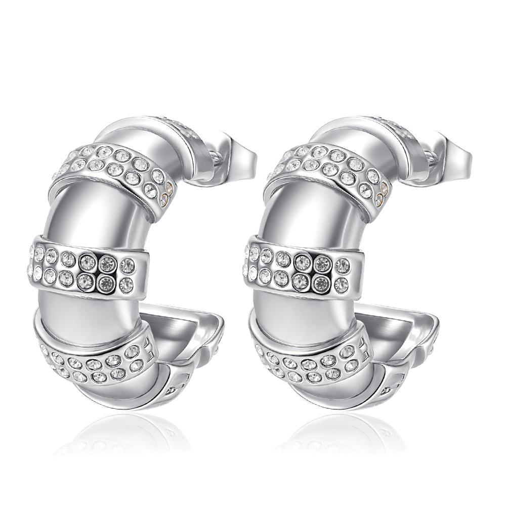 European and American Zircon Striped Diamond Earrings, Stainless Steel C-shaped Stud Earrings Women's Fashion Earrings