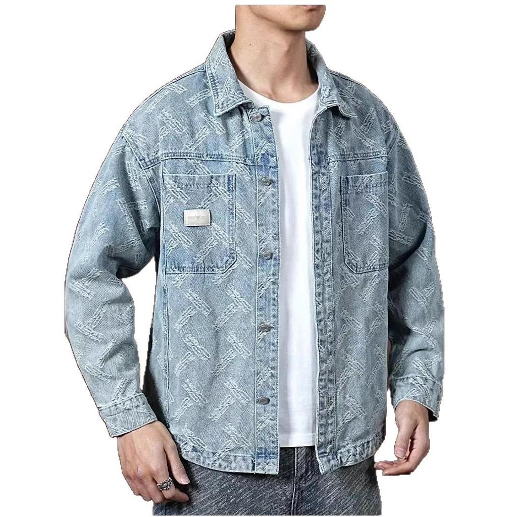 Men's Retro Washed Jacquard Denim Jacket - Spring & Autumn Trend