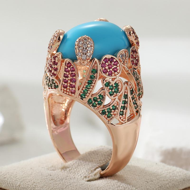 Vintage Inlaid Blue Stone Multicolored CZ Women's Ring Ethnic Gold Color Hand Carving Daily Wear Party Jewelry Anniversary Gift