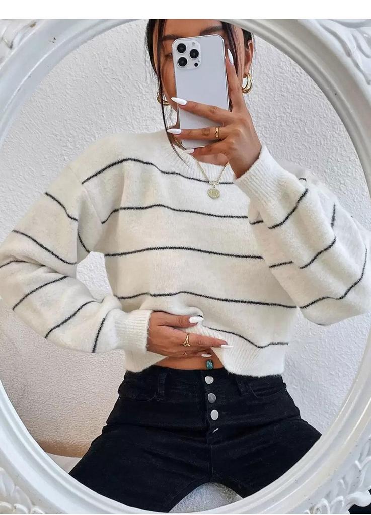 Women's Striped Crew Neck Sweater - Loose Knitwear, Long Sleeve Pullover for Autumn/Winter