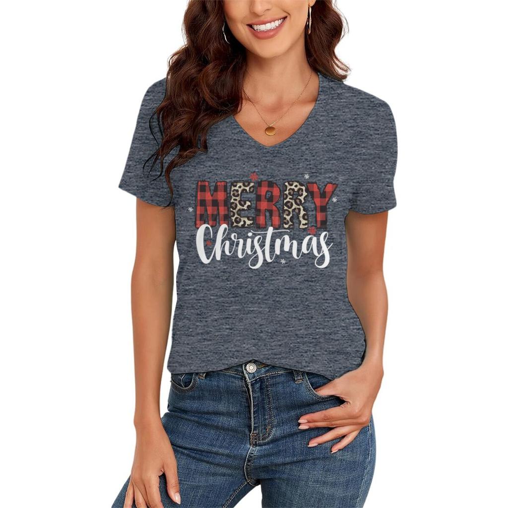 Merry Christmas Leopard Plaid Print Women Tshirts Xmas Holidays Short Sleeve Vneck Tee Christmas Letter Classic Style Tshirts