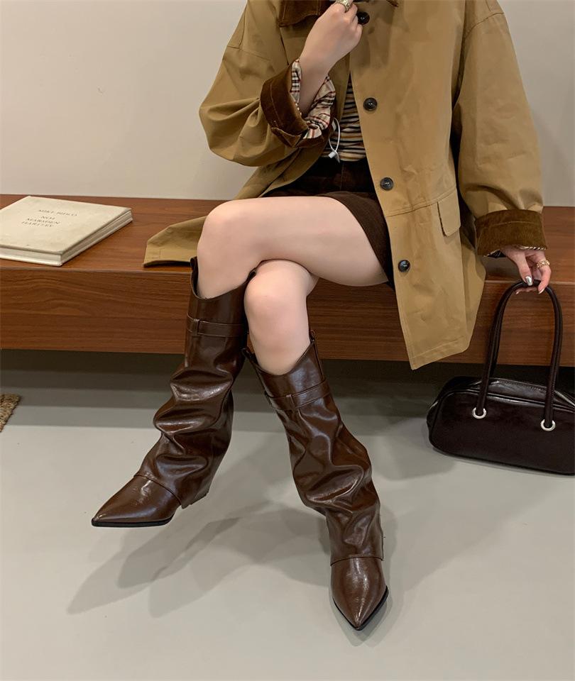 2025 European and American style pointed high-heeled patent leather glossy belt buckle high tube but knee boots knight boots female Martin boots