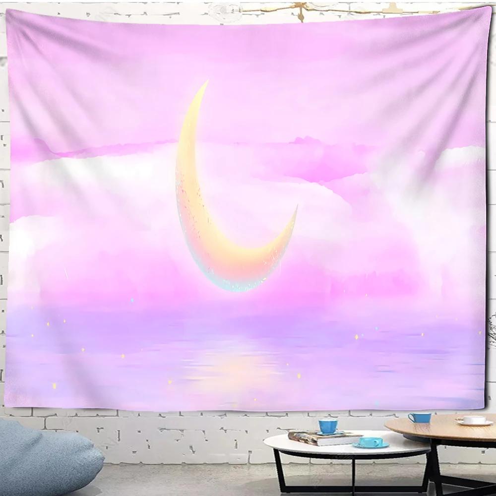 Pink Moon Starry Tapestry Universe Wall Hanging Room Dorm Tapestries Cartoon Art Home Psychedelic Kawaii Bedroom Decor Tapestry
