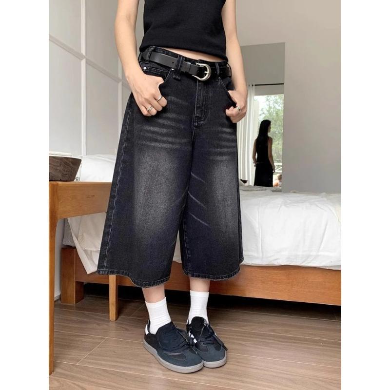 

High Waist Black Retro Washed Denim Shorts Women s Harajuku Vintage Fashion Casual Loose Y2K Streetwear Mid Long Wide Leg Pants 3XL