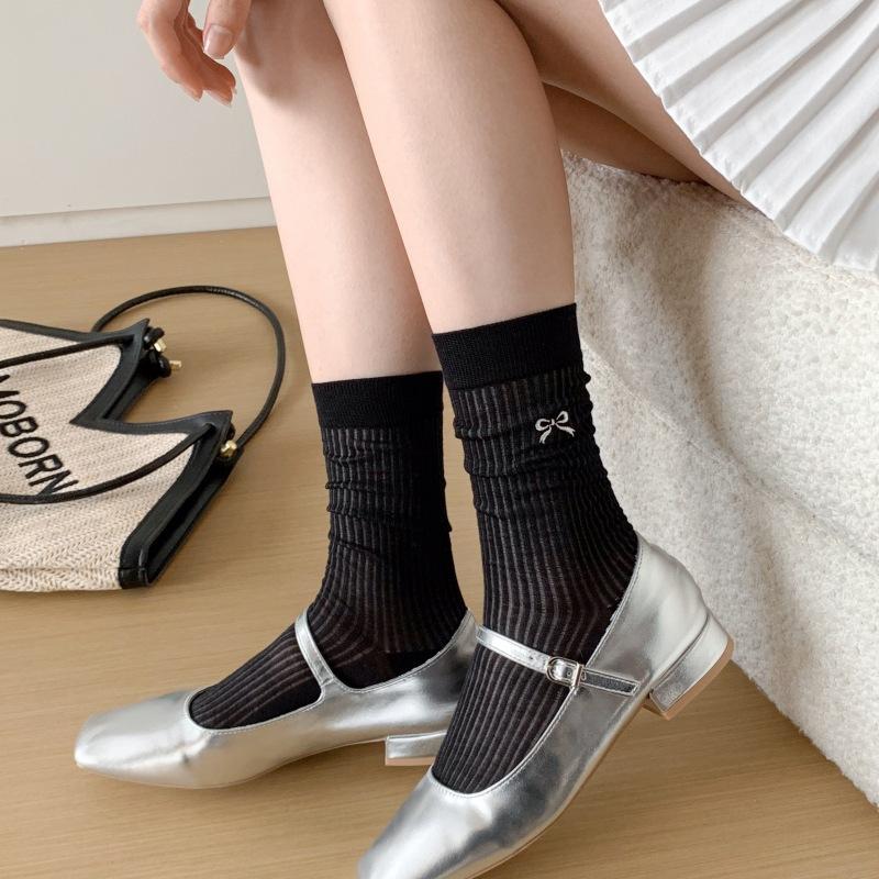 5 Pairs Women Butterfly Knot Mid Length Socks Solid Color Lightweight Breathable Soft Comfortable Casual Long Socks