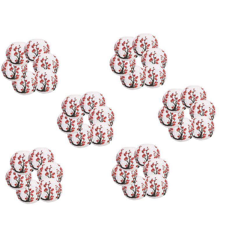 

ABUL-36 Pack 12Inch Red Cherry Flowers Paper Lantern White Round Chinese Japanese Paper Lamp For Home Wedding Decoration