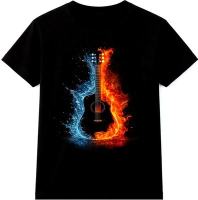Gitarre T-Shirt Feuer und Wasser E-Gitarre Grafik-T-Shirt Rockmusik Fantasy Oberteil