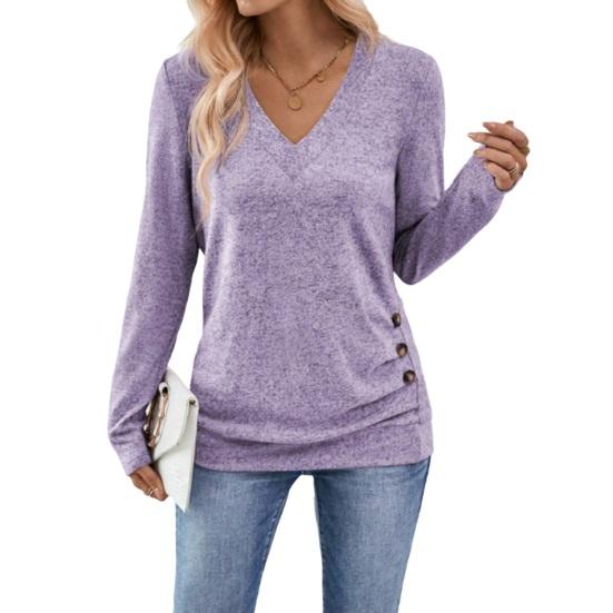 Women Tops V-Neck Long Sleeve Side Buttons Decor Casual Pullover Tops Solid Color Spring Autumn Blouse