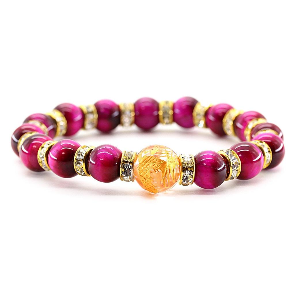 Ishiki AAAA Grade Natural Pink Tiger Eye Gold Carved Emperor Prayer Beads Power Stone for Financial and Professional Luck Stone, 10mm, Five-Clawed