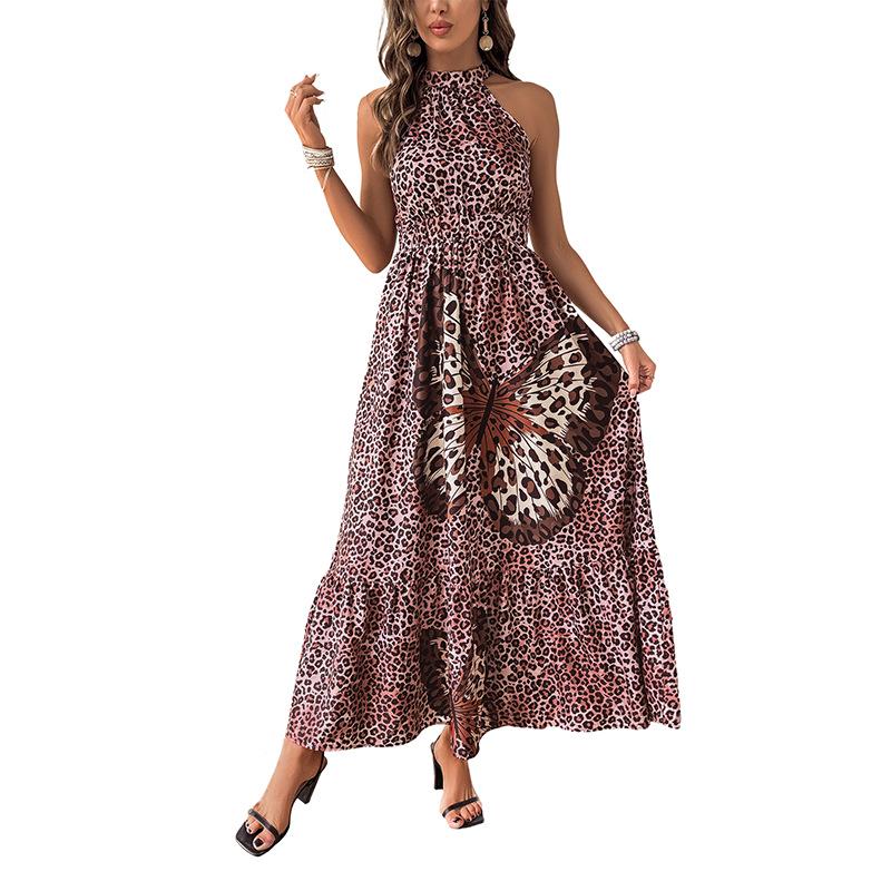 2025 European/American Halter Neck Sleeveless Leopard Butterfly Patchwork Beach Dress