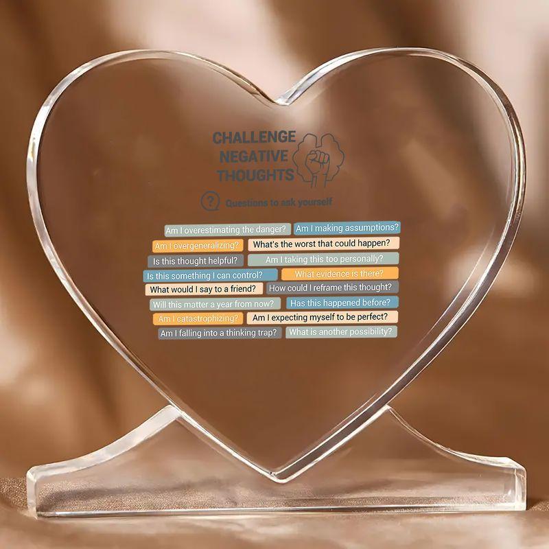 Desk Decor - "Challenge Negative Thoughts" Heart-Shaped Plaque with Thought-Provoking Questions, Ideal for Home, Office, or Gift for Birthdays, Gradua