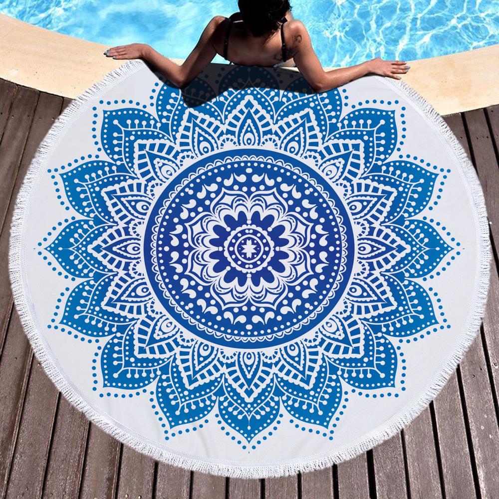 Gradient Geometric Mandala Round Beach Towel With Tassels Microfiber Water-Absorbent Bath Towel Laying Beach Yoga Mat 150Cm