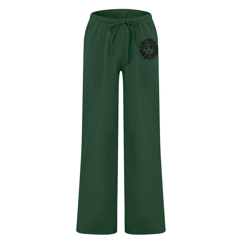 Men's Casual Loose And Comfortable Casual Pants Cotton Linen Printed Drawstring Trousers