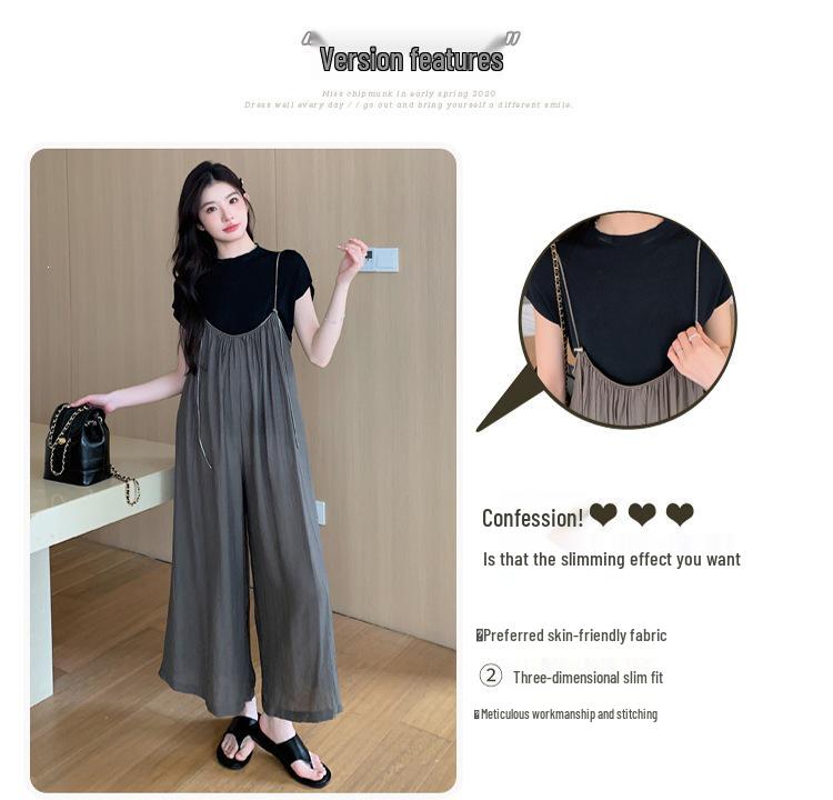 Summer 2026 Maternity Overalls Set: Wide-leg Zipper Overalls + Ice Silk Layer Top