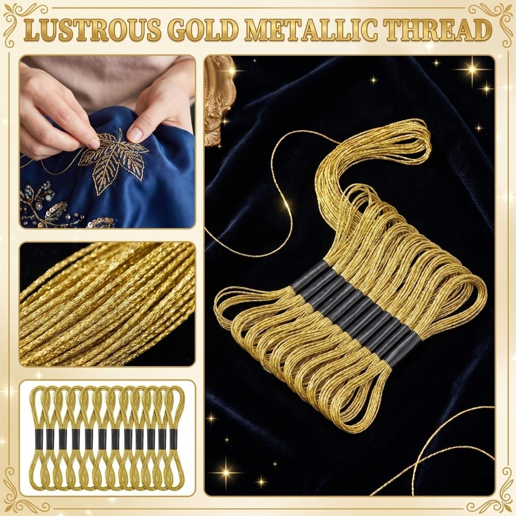 Metallic Embroidery Thread Pack 12 Skeins High Strength Durable Sewing Thread for Hand and Machine Embroidery Suitable for Various Fabric Crafts