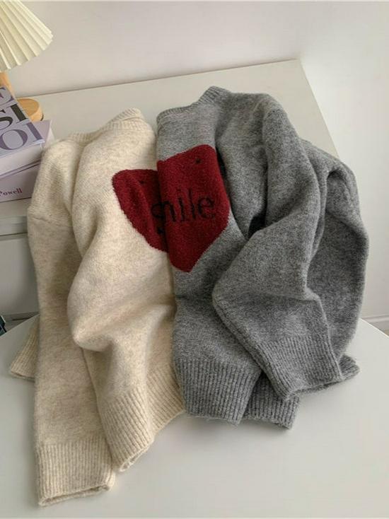 Korean Style Love Jacquard Couples' Knit Pullover - Women's Autumn/Winter Loose Long Sleeve Sweater