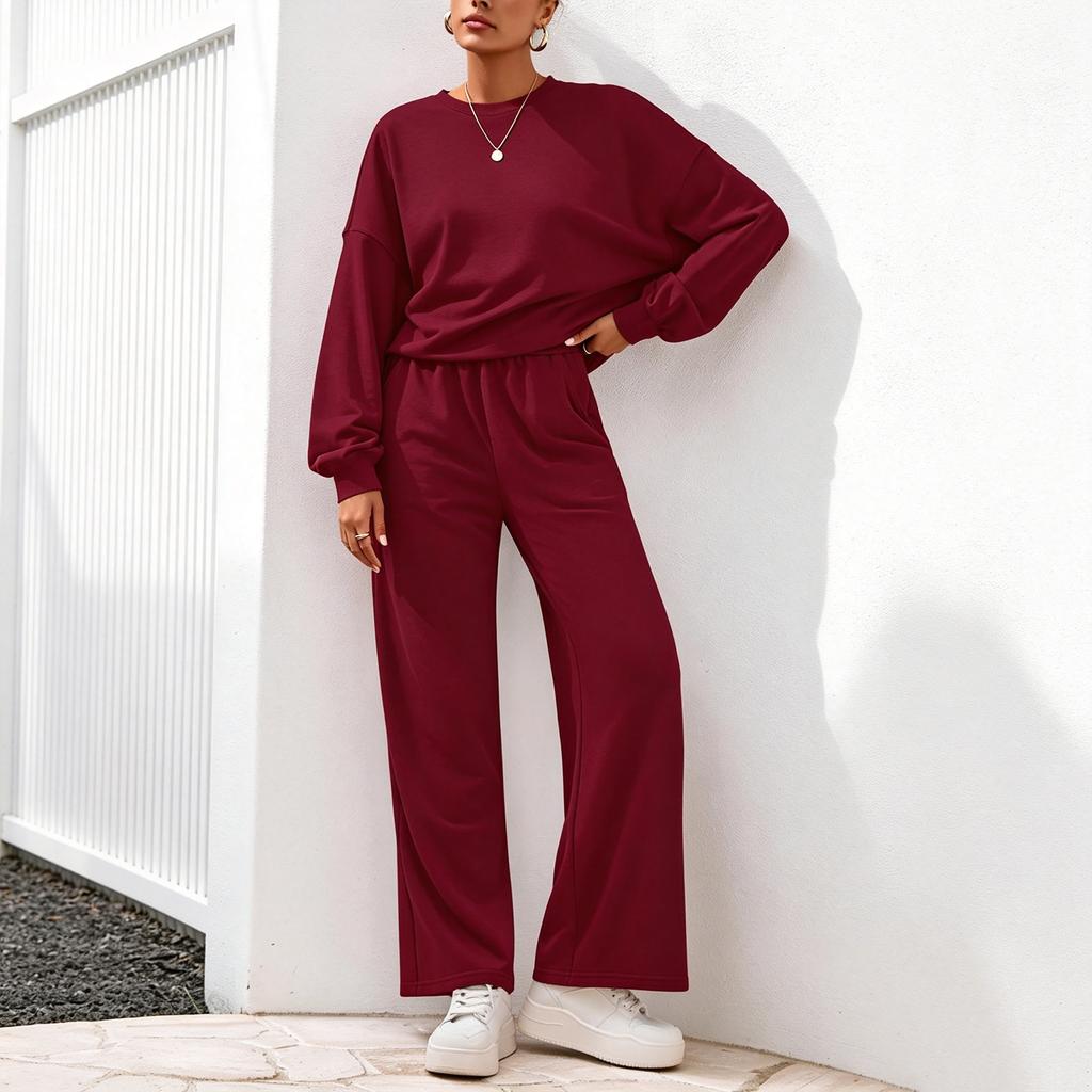 Women's 2 Piece Outfit Crewneck Sweatshirt and Wide Leg Pants for Casual Loungewear