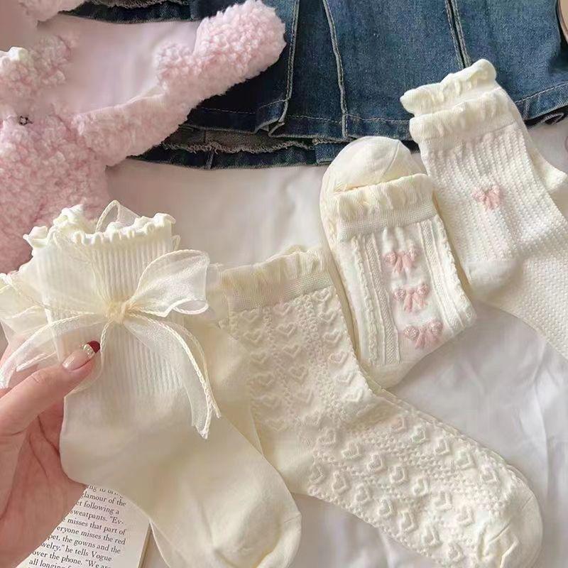 6 Pairs Women Butterfly Knot Mid Tube Socks Cute Lolita Jk Lace Heart Soft Comfortable Sweat Absorbing Breathable Casual Socks