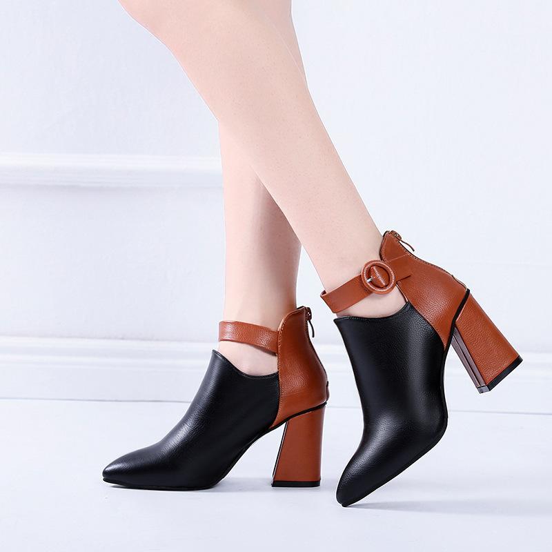 

Autumn and winter new high-heeled thick-heeled Martin boots fashionable pointed women s one-word buckle belt color matching short boots women 44