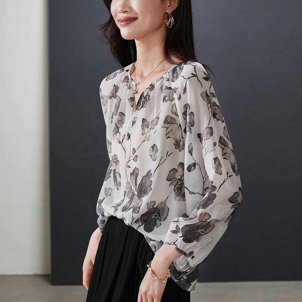 100% mulberry silk printed shirt for women's 2026 spring fashion versatile round neck silk top